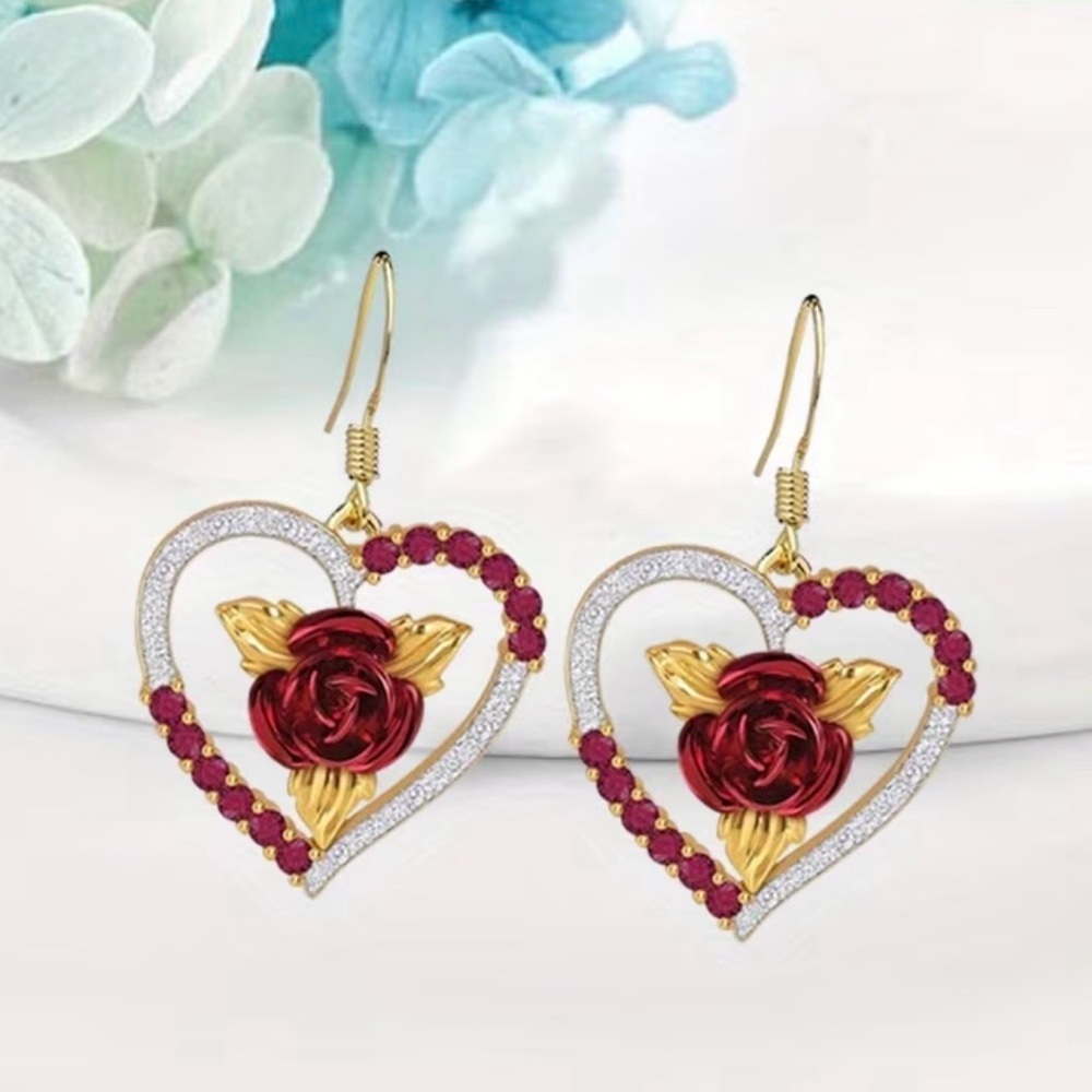 Gold and Red Heart Pendant and Earrings Set. - Picture 2 of 6